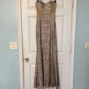 La Femme Gold Champagne Sequins Illusion Beaded Strapless Gown Size 4